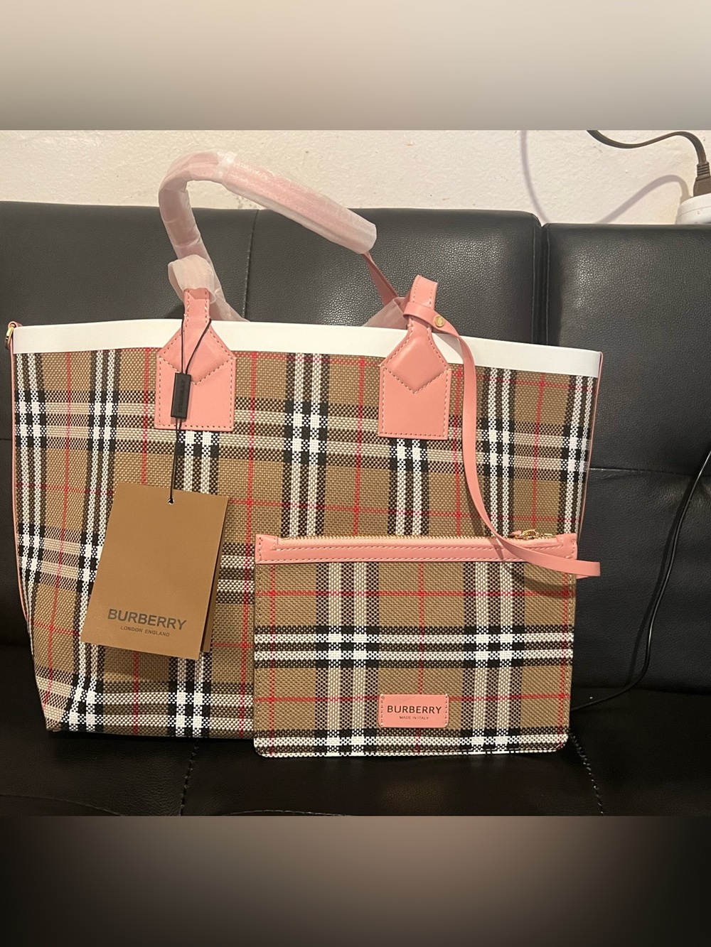 Flawless pink/ brown plaid Tote with Matching Pouch